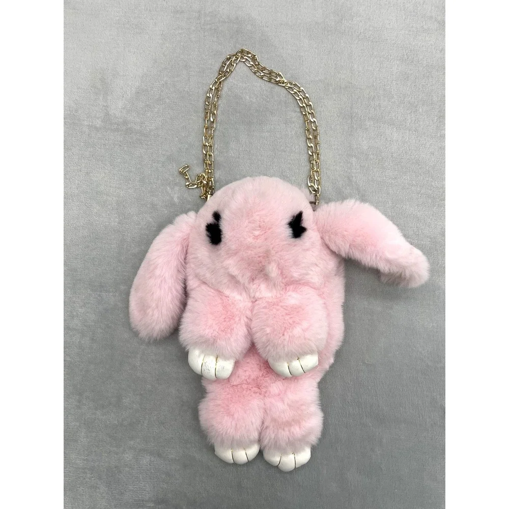 Pink Plush Bunny Rabbit Bag Purse with Gold Chain – Faux Fur – 13